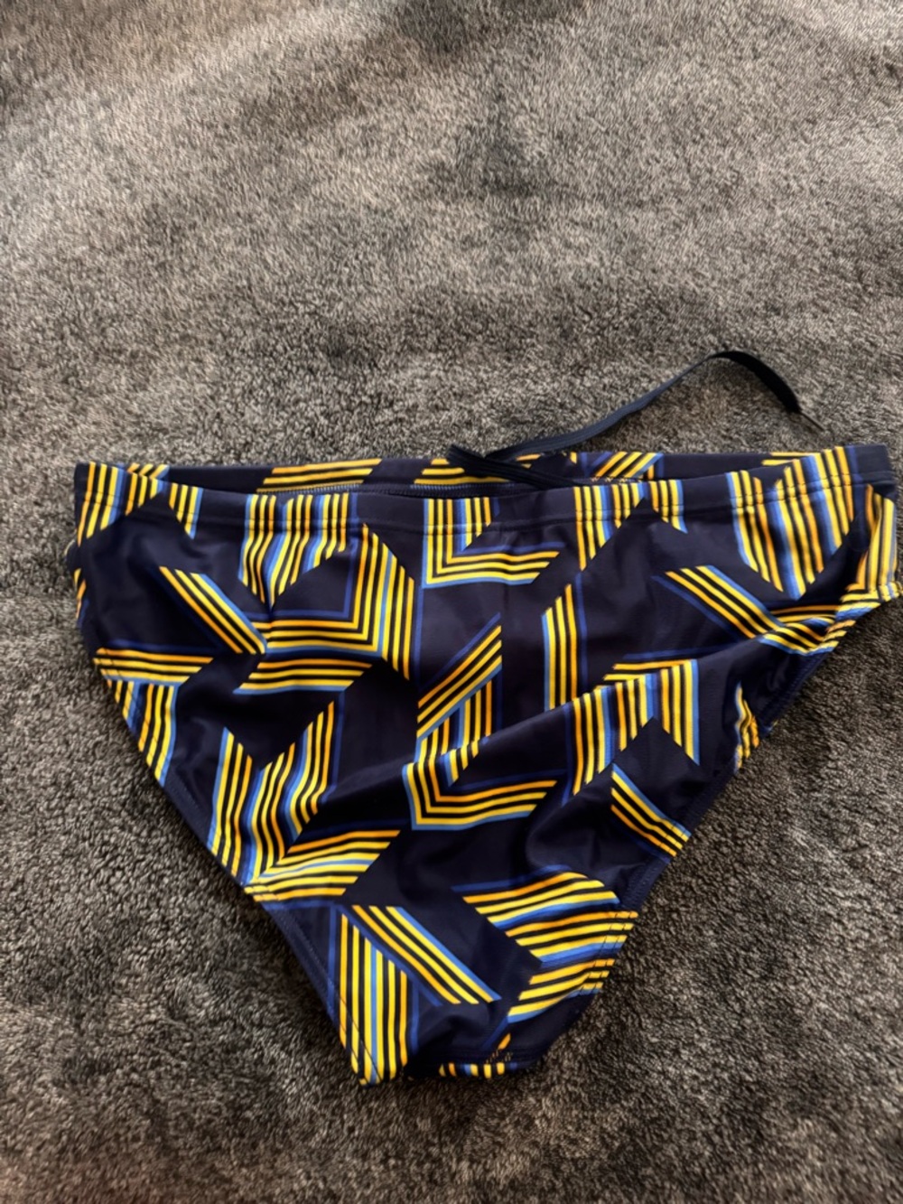 Arena Men’s Navy Swim Briefs with Yellow & Blue Geometric Print - Picture 2 of 3